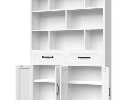 Bookcase Tall With 2 Doors & 2 Drawers, Fixed Open Shelves - White