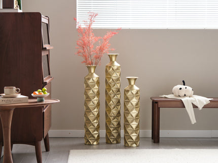 Metal Decorative Vase High Distress Metal Center Vase With 3D Triangle Pattern, (Set of 3) Vases For Home Decoration - Gold