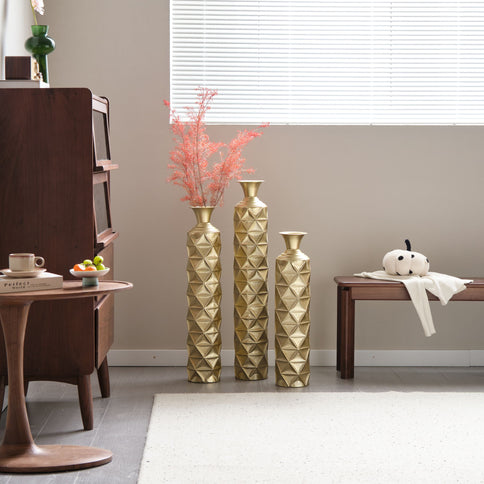 Metal Decorative Vase High Distress Metal Center Vase With 3D Triangle Pattern, (Set of 3) Vases For Home Decoration - Gold