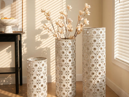 Handcrafted Cutout Hollow Tall Standing Floor Vase, Home Decor (Set of 3) - White / Gold