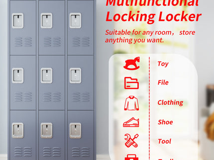 9 Door Lockers With Lock For Storage In Office, School, Gym, And Bedroom - Gray
