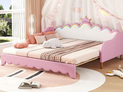 Extending Daybed With LED Lights, Modern Upholstered Princess Daybed With Crown Headboard
