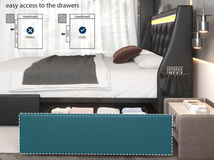 Wingback Upholstered Bed Frame With LED Lights, Charging Station