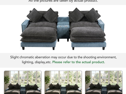 Sectional Sofa With Removable Ottomans, USB Ports, Cup Holders & Storage - Gray / Light Blue