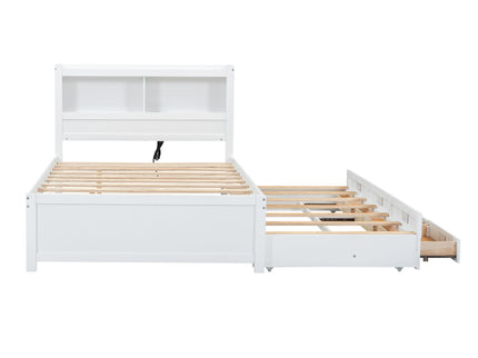 Full Size Platform Bed With Trundle, Drawers, USB Ports And Built In Shelves - White