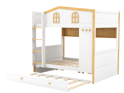 Full Over Full Bunk Bed With Storage Shelves And Trundle - White / Natural