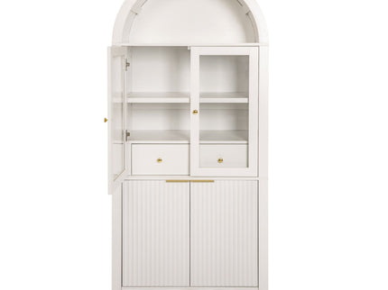 Fluted Tall Arched Pantry Cabinet With Adjustable Shelves, Glass Door & Hidden Drawer For Kitchen