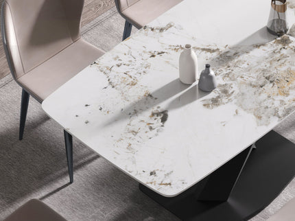 Modern Artificial Stone Pandora White Curved Metal Leg Dining Table, 6 People - Antique White