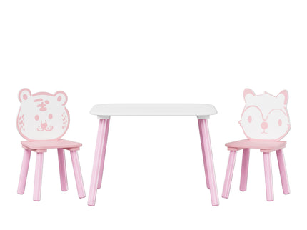 Table And Chair Set, 3 Piece Wooden Toddler Desk With Animal Backrest - Pink / White