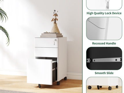 3-Drawer Mobile File Cabinet With Lock, On Wheels, Two Shallow & One Deep Drawer For Office/Home, Fully Assembled - White