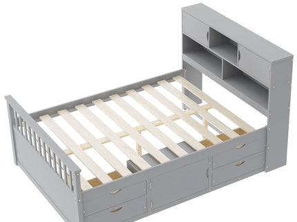 Captain Platform Bed Frame With Bookcase Headboard, 4 Drawers, Storage Shelves