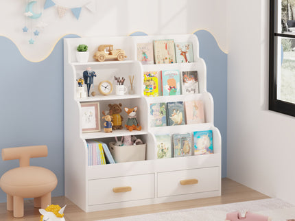 Bookshelf With 2 Storage Drawers, Front Facing Bookcase And Toy Organizer, Multi Tier Reading Shelf - White