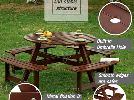 8 Person Round Picnic Table With 4 Built In Benches, Umbrella Hole For Garden - Brown