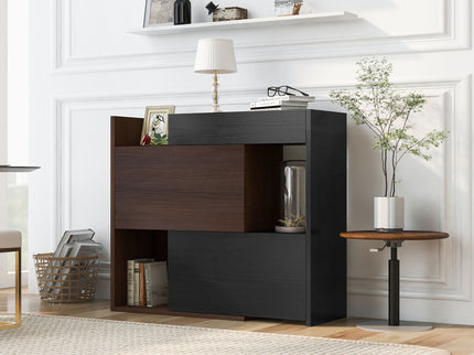 Modern Extendable & Rotating Cabinet With Drawer And Flip Doors For Versatile Storage - Black / Dark Walnut