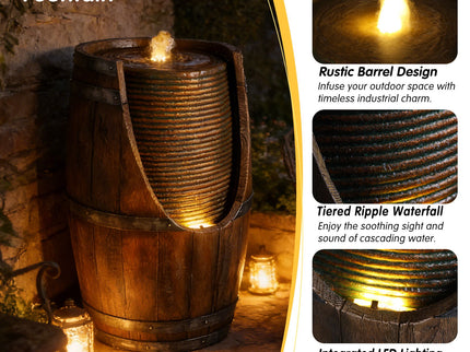 Rustic Barrel Water Fountain With LED Light