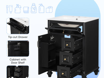 Freestanding Bathroom Vanity With Sink, 3 Drawers & Flip-Out Drawer