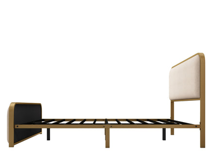 Queen Size Bed Frame With Curved Upholstered Headboard And Footboard - Beige / Gold