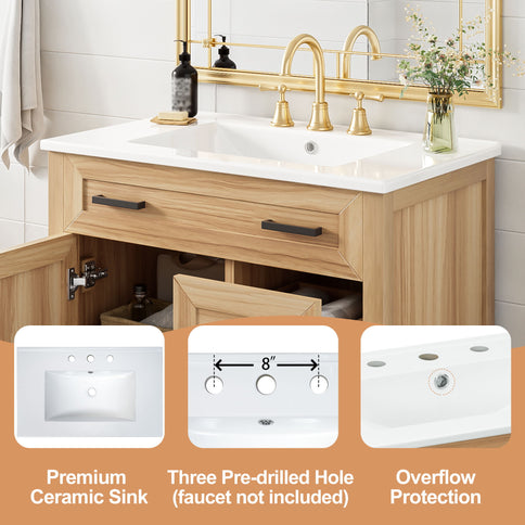 Bathroom Vanity With Sink, 2 Soft Close Drawers, 1 Soft Close Door, Adjustable Shelf