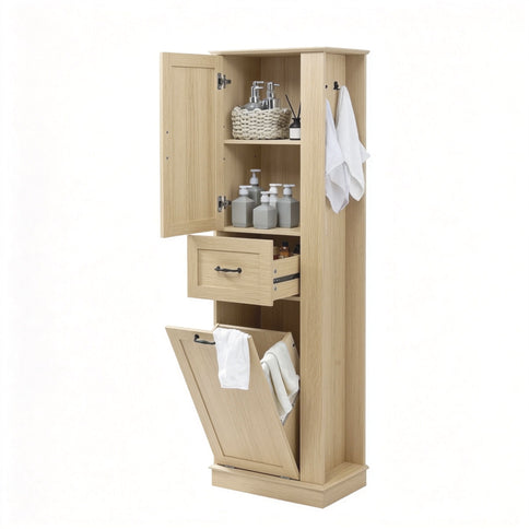 Tall Storage Cabinet With Tilt Out Compartment, Adjustable Shelves, Soft Close Hinges - Natural