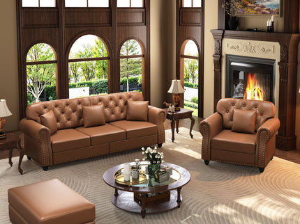 Upholstered Sofa With Nailhead Trim, Rolled Armrests With Ottoman