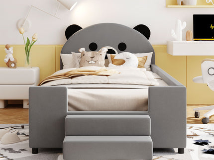 Upholstered Daybed With Bear Shaped Headboard, Hydraulic System And Breathable Fence