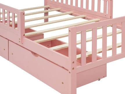 Platform Bed With Guardrails On Both Sides And 2 Storage Drawers