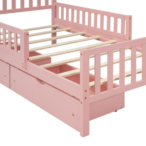 Platform Bed With Guardrails On Both Sides And 2 Storage Drawers