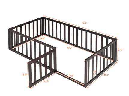Twin Size Floor Bed Frame With Fence And Door - Walnut