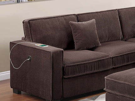 4 Piece Sectional Set With USB Ports, Left Arm Facing / Right Arm Facing Loveseat, Corner Wedge, Cocktail Ottoman, 2 Pillows - Chocolate