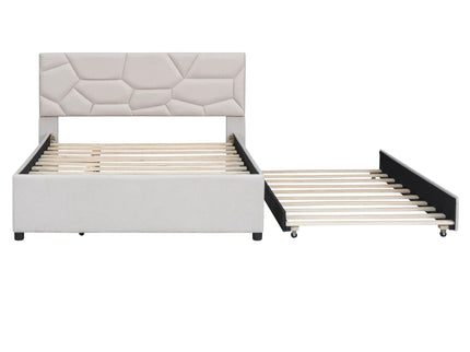 Upholstered Platform Bed With Brick Pattern Headboard And Twin Long Size Trundle