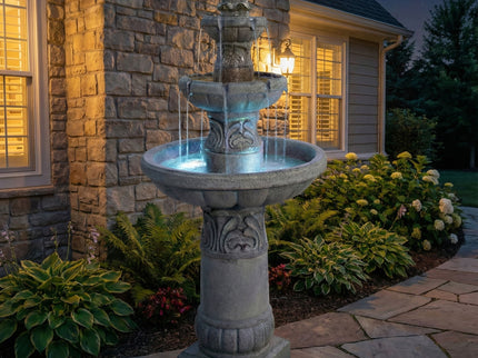 3 Tier Outdoor Garden Fountain With LED Lights - Gray