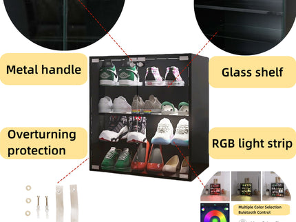 4 Layers Shoe Cabinet With Glass Door And Glass Layer Shoes Display Cabinet With LED Light Bluetooth Control - Black