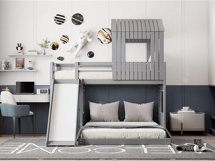 Loft Bunk Bed With Playhouse, Farmhouse, Ladder, Slide And Guardrails