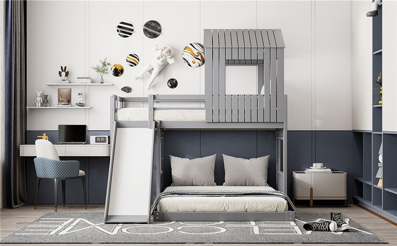 Loft Bunk Bed With Playhouse, Farmhouse, Ladder, Slide And Guardrails