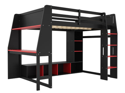 Gaming Loft Bed With Desk, Multi Storage Shelves, LED Lighting, And Hanging Clothes Rack
