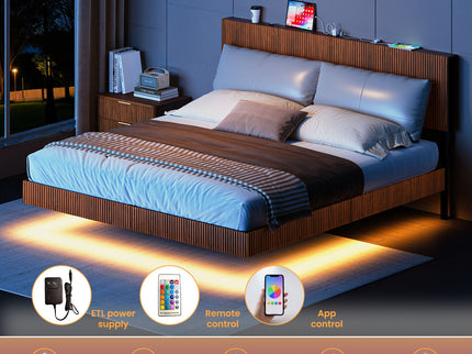 Floating Bedstead With Charging Station And LED Lights