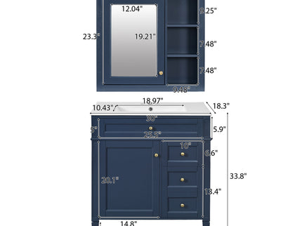Bathroom Vanity With Top Sink, 2 Doors And 3 Drawers, Freestanding Set With Mirror Cabinet