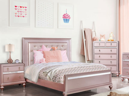 Nightstand With Mirror Accent Panels, 2 Drawer Design - Rose Gold