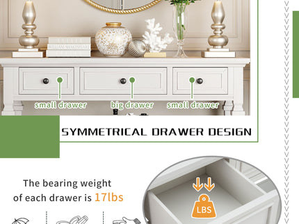 Classic Retro Style Console Table With 3 Top Drawers And Open Style Bottom Shelf - Antique White