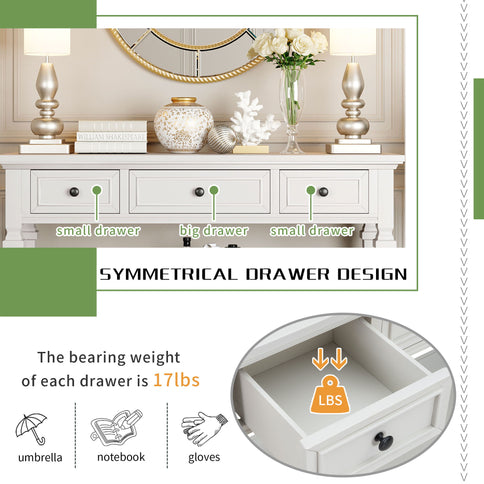 Classic Retro Style Console Table With 3 Top Drawers And Open Style Bottom Shelf - Antique White