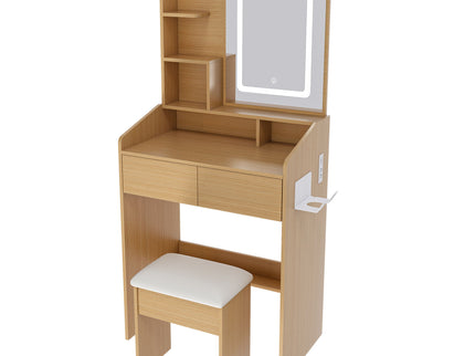 Vanity Table With LED Mirror, Power Outlet, Hairdryer Holder & Padded Stool, Compact Dressing Desk For Small Bedrooms - Wood