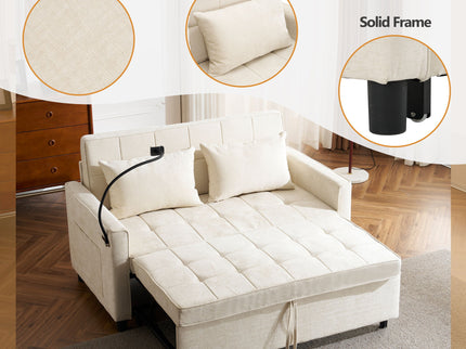 Pull-Out Sleeper Sofa With Reversible Backrest Cushion, Side Pockets, 2 USB Ports And A Phone Holder For Living Room