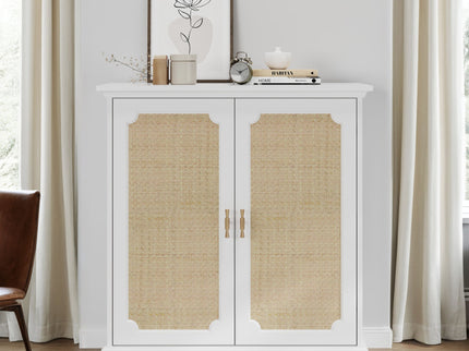 Rattan Decorated Sideboard Buffet Storage Liquor Cabinet - White