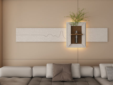3D LED Sandstone Wall Decor With Simulated Plants, Glass Vase & Remote Control - Light Coffee