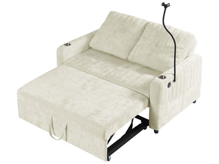 Modern Loveseat Pull Out Sofa Bed With Adjustable Backrest, Two Cup Holders, A Phone Holder, Three Charging Ports And Side Storage Pockets For Living Room