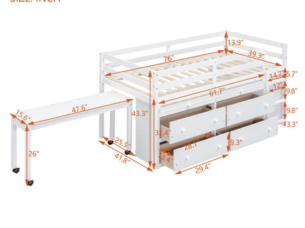 Loft Bed With Retractable Writing Desk And 4 Drawers, With Lateral Portable Desk And Shelves