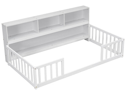 Floor Bed With Bedside Bookcase, Shelves, Guardrails