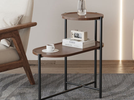 Round Coffee Table With Storage Tray 2 Tier Oval End Tables Wooden Small Side Table For Living Room