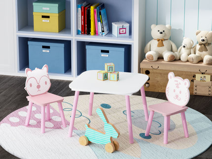Table And Chair Set, 3 Piece Wooden Toddler Desk With Animal Backrest - Pink / White