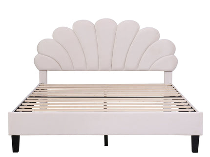 Upholstered Platform Bed With Flower Pattern Headboard